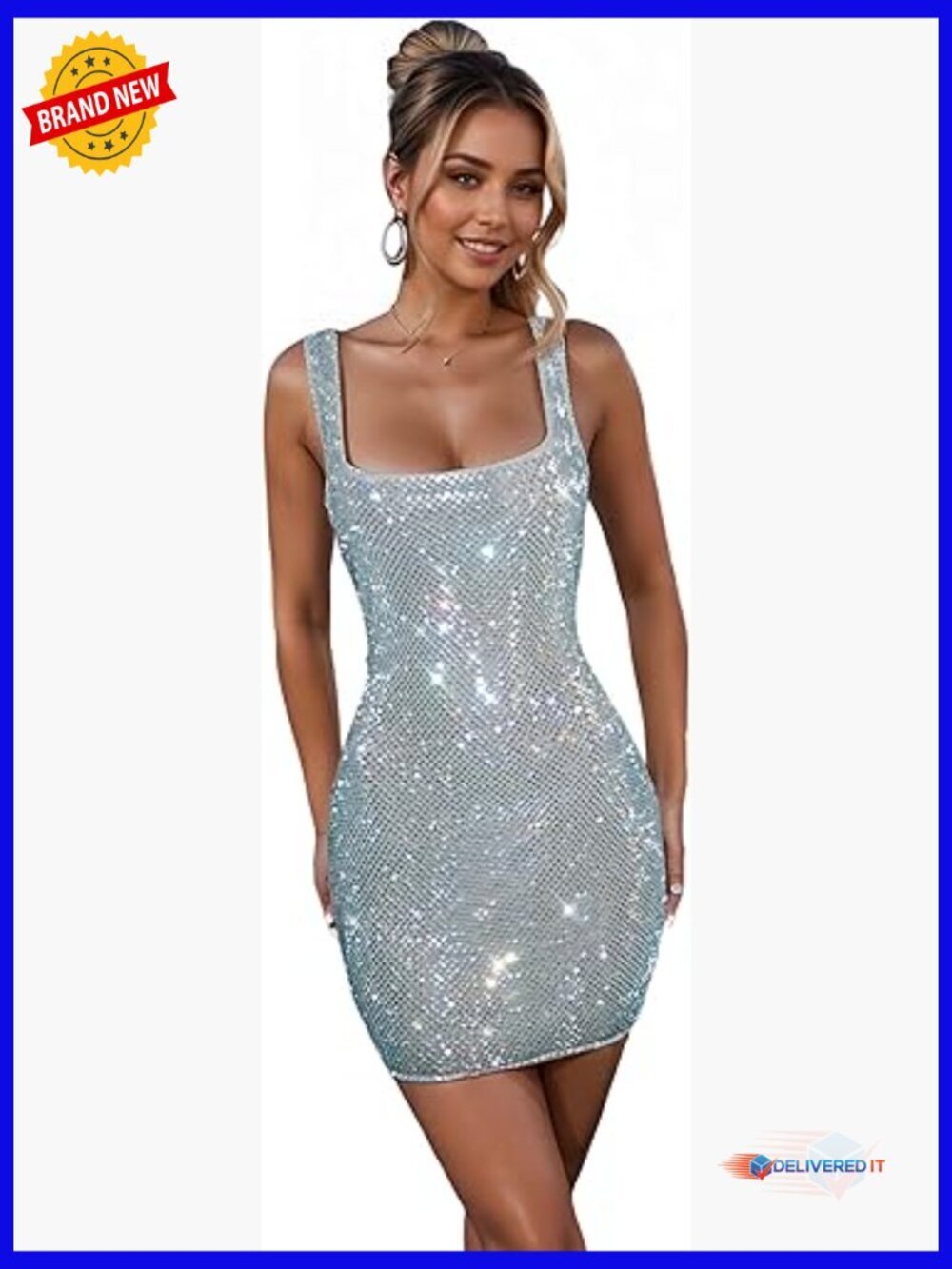 Sparkle Rhinestone Bodycon Mini Dress Backless Spaghetti Strap Cocktail Party